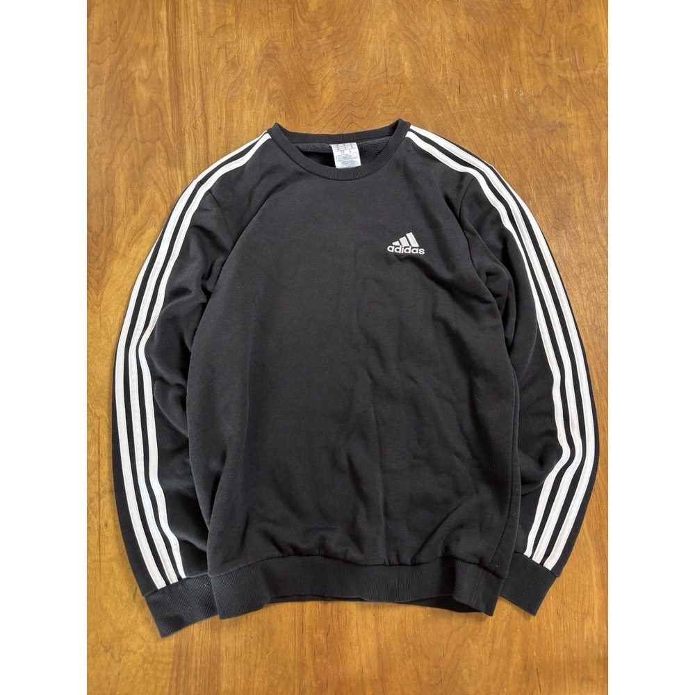 Adidas Essentials 3 Stripe Fleece Crewneck Sweatshirt Black Mens Small‎ Logo Y2K